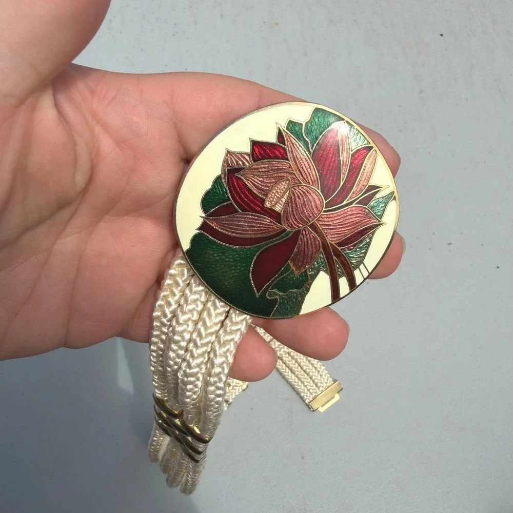 Vintage 80's Yen China House Multi-Strand Stretch Rope Belt Red Lotus Flower